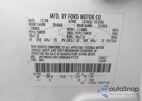 2009 Ford Edge Limited из США, поврежденный, VIN 2FMDK39C39BA61733